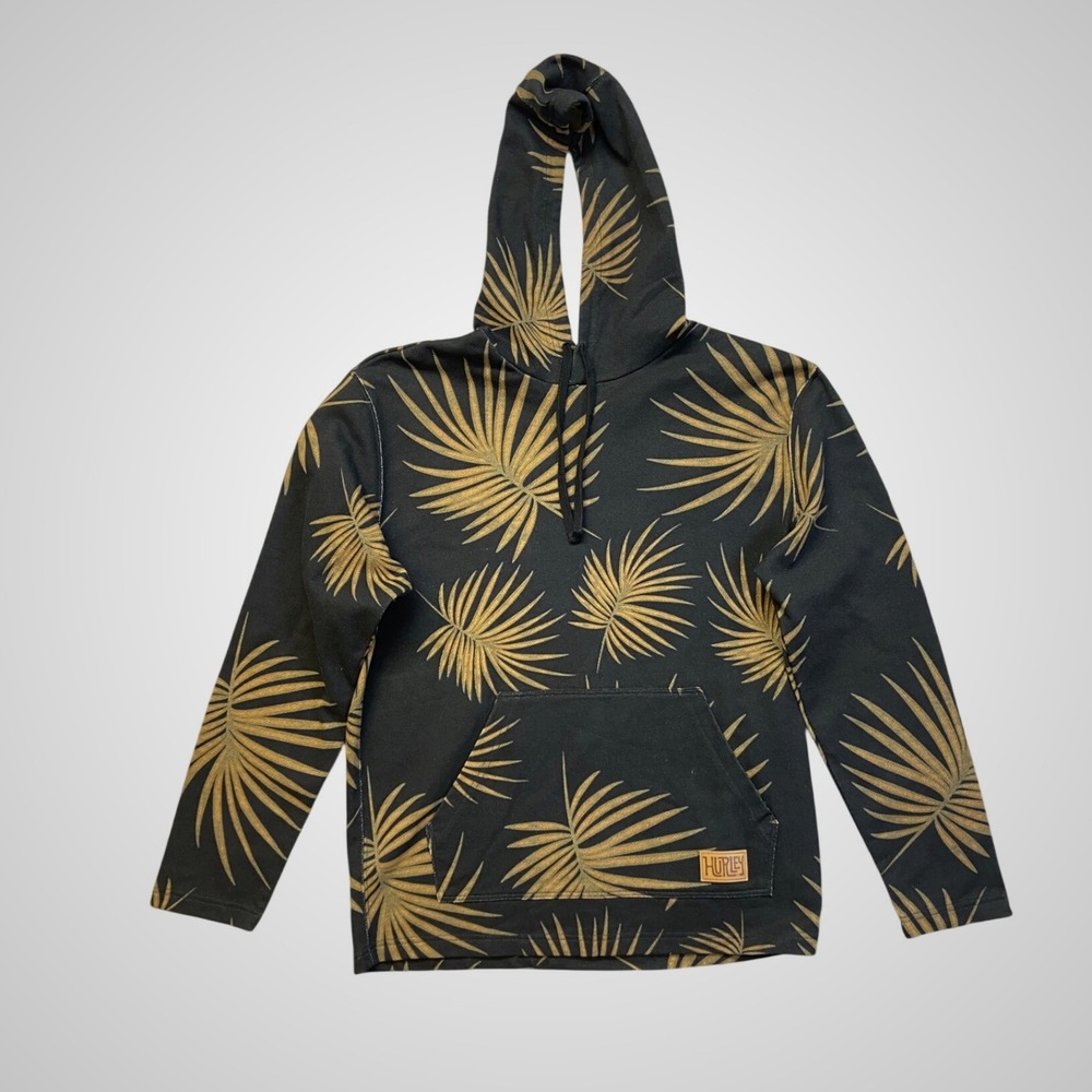 Hurley Palm Print Hoodie Mens Black Gold Excellent Tropical Surf Pullover